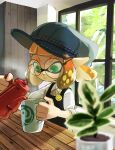  1girl apron black_apron blue_hat blurry blurry_foreground cabbie_hat closed_mouth cup glasses green_eyes hat highres holding holding_cup holding_kettle inkling inkling_girl inkling_player_character kettle koike3582 mug orange_hair plant pointy_ears potted_plant pouring round_eyewear short_hair solo splatoon_(series) steam tentacle_hair 