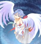  anklet bad_feet barefoot blue_hair breasts bridal_gauntlets bridal_legwear cleavage commentary_request dress elbow_gloves feet filia_(star_ocean) floating forehead_jewel gloves jewelry pointy_ears short_hair solo star_ocean star_ocean_the_second_story touyama_sabu wings 