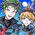  1boy 1girl animification apex_legends battery_indicator black_shirt blank_speech_bubble blonde_hair blue_bodysuit blue_jacket bodysuit bunny_ears_prank covered_collarbone goggles goggles_on_head goggles_on_headwear green_eyes green_hair helmet highres jacket octane_(apex_legends) official_alternate_costume open_mouth parted_lips san_chuo_chuan scar scar_on_face scar_on_nose shirt short_hair smile sonic_boom_octane speech_bubble star_(symbol) sweatdrop v wattson_(apex_legends) white_helmet wired_for_speed_wattson 