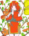  1girl bakui02 china_dress chinese_clothes commentary detached_sleeves dress floral_background hair_ribbon looking_at_viewer medium_hair original red_dress red_eyes red_hair ribbon sleeveless sleeveless_dress solo standing symbol-only_commentary 