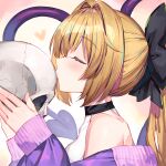  1girl black_bow blonde_hair blush bow bucchake_(asami) closed_eyes commentary_request cracked_skull demon_girl demon_tail from_side hair_bow hair_intakes holding holding_skull jacket jacket_partially_removed kissing_object long_sleeves mako_(bucchake_(asami)) original pink_background ponytail profile purple_jacket shirt sidelocks skull sleeveless sleeveless_shirt solo tail white_background white_shirt 