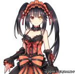  1girl bare_shoulders black_hair breasts cleavage clock_eyes date_a_live dress edamame_senpai frilled_dress frilled_hairband frills hairband heterochromia lolita_fashion lolita_hairband looking_at_viewer medium_breasts official_art red_dress red_eyes smile solo symbol-shaped_pupils tokisaki_kurumi twintails two-tone_dress uneven_twintails upper_body vivid_army white_background yellow_eyes 