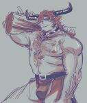  1boy animal_ears bara belly belt_collar bulge carrying_tree closed_eyes clothing_cutout collar cow_boy cow_ears cow_horns cowboy_shot crotchless crotchless_pants earrings facial_hair goatee_stubble hairy horns huge_pectorals jade_poon_(pooniverse) jewelry long_sideburns male_focus mature_male muscular muscular_male navel navel_hair nipples original pants plump red_hair sideburns solo standing stomach stubble thick_arm_hair thick_chest_hair thick_eyebrows thick_navel_hair thigh_cutout topless_male unfinished very_hairy 