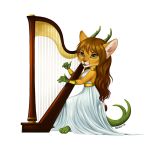  2016 5_fingers anisis anthro barefoot brown_hair cat clothed clothing feline female fur hair hybrid lyre mammal musical_instrument simple_background tan_eyes tan_fur white_background 