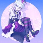  1girl androgynous bad_id bad_twitter_id black_footwear black_gloves crescent frilled_shirt frills full_body gloves green_eyes grey_hair hair_between_eyes hat high_heels idol_clothes knees_up looking_at_viewer mdr_onj1807 mini_hat pretty_series pripara purple_hat purple_shorts reverse_trap shikyoin_hibiki shirt short_hair shorts sitting solo striped_clothes striped_thighhighs thighhighs white_shirt 