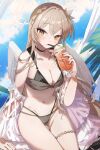  1girl alternate_costume angel_wings bikini black_bikini blue_archive blue_sky blurry braid breasts brown_eyes cleavage cloud cloudy_sky collarbone commentary_request crown_braid cup depth_of_field drinking drinking_glass drinking_straw drinking_straw_in_mouth feathered_wings flower grey_hair groin hair_between_eyes hair_flower hair_ornament halo head_tilt highres holding holding_cup horizon long_hair looking_at_viewer medium_breasts nagisa_(blue_archive) navel ocean outdoors shadowsinking sidelocks single_braid sitting sky solo stomach swimsuit thighlet white_wings wings 