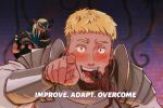  1girl 3boys armor beard black_hair blonde_hair blush bracer brown_hair chilchuck_tims drooling dungeon_meshi elf english_commentary english_text facial_hair fake_horns food hand_up hands_up head_tilt helmet highres holding holding_food horned_helmet horns improvise._adapt._overcome._(meme) indoors jade_poon_(pooniverse) kebab laios_touden long_beard long_hair looking_at_viewer mandrake_(dungeon_meshi) marcille_donato meme mouth_drool multiple_boys open_mouth pauldrons plant pointing pointing_at_viewer pointy_ears purple_background senshi_(dungeon_meshi) shaded_face short_hair shoulder_armor sparkling_aura thumbs_up undercut very_short_hair vines vomit yellow_eyes 