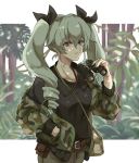  alpachiiino anchovy bag bangs belt belt_pouch binoculars black_ribbon black_shirt brown_belt brown_pants camouflage_jacket carrying closed_mouth commentary dappled_sunlight day drill_hair eyebrows_visible_through_hair girls_und_panzer green_hair hair_ribbon hand_in_pocket holding holding_binoculars jacket letterboxed long_hair long_sleeves open_clothes open_jacket outdoors pants pouch red_eyes ribbon satchel shirt smile solo standing sunlight twin_drills twintails upper_body 