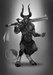  2016 4_fingers anisis bovine curved_horn digital_media_(artwork) ear_piercing holding_object holding_weapon horn male mammal minotaur piercing solo standing weapon 