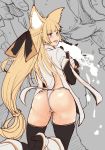  animal_ears ass black_gloves black_legwear blonde_hair braid commentary_request erune fundoshi ganari_ryuu gloves granblue_fantasy highres japanese_clothes long_hair sarashi thighhighs tongue tongue_out very_long_hair yuisis_(granblue_fantasy) 