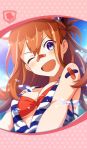  artist_request bandaid bandaid_on_nose blue_eyes blush framed_image gridarvol hair_between_eyes official_art one_eye_closed open_mouth orange_hair phantom_of_the_kill red_swimsuit smile swimsuit water 