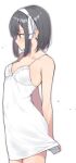  1girl arms_behind_back blue_eyes blush breasts character_request cleavage collarbone copyright_request covered_navel dress hair_ribbon hairband highres medium_breasts ribbon simple_background sleeveless sleeveless_dress solo thighs white_background white_dress white_hairband white_ribbon yuuzuki_(re&#039;ef) 