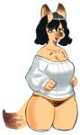  4_fingers anthro beauty_mark bedroom_eyes big_breasts black_hair bottomless breasts canine chi-iz cleavage clothed clothing dog female fur green_eyes hair half-closed_eyes looking_at_viewer mammal open_mouth panties pose seductive short_hair solo standing sweater tan_fur thick_thighs underwear 