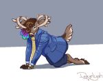  2022 absurd_res aliasing all_fours anthro antlers aseprite_(artwork) barefoot blue_clothing blue_jacket blue_topwear bottomwear brown_body brown_fur brown_hair brown_hooves cel_shading clock clothed clothing deer digital_drawing_(artwork) digital_media_(artwork) dyyrlysh feet fingers full-length_portrait fully_clothed fur green_eyes grey_background hair hi_res highlights_(coloring) hooved_fingers hooves horn jacket kristoffer_everglade looking_at_viewer male male_anthro mammal multicolored_highlights necktie new_world_deer pants portrait scut_tail shaded short_tail signature simple_background snout solo tail tan_antlers topwear unguligrade watch white-tailed_deer wristwatch yellow_necktie 