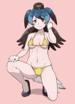  1girl acesrulez bikini bird_girl bird_tail bird_wings black_hair blue_hair blush breasts gloves hat head_wings japari_symbol kemono_friends long_hair looking_at_viewer medium_breasts multicolored_hair on_one_knee passenger_pigeon_(kemono_friends) smile solo swimsuit tail wings yellow_bikini 