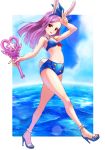 absurdres animal_ears arm_up armpits bikini blue_bikini blue_swimsuit bunny_ears bunny_tail cloud commentary_request day detached_collar elin_(tera) flat_chest hairband high_heels highres holding legs long_hair nail_polish navel nyama ocean open_mouth outdoors outstretched_arm purple_hair red_eyes ribbon sandals shoes sky smile solo swimsuit tail tera_online v walking wand 
