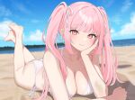  1girl bare_arms bare_shoulders barefoot beach bikini breasts cleavage closed_mouth day feet hair_ribbon head_rest highres large_breasts legs_up long_hair looking_at_viewer lying on_stomach original outdoors pink_eyes pink_hair ribbon sand side-tie_bikini_bottom sidelocks smile solo string_bikini sunlight sutochan swimsuit the_pose thighs white_bikini 