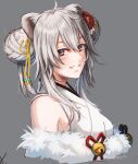  ahoge animal_ear_piercing animal_ears bare_shoulders bell breasts cropped_torso double-parted_bangs double_bun from_side fur_trim grey_background grey_eyes grey_hair hair_between_eyes hair_bun hair_ornament hapchi hololive japanese_clothes jingle_bell kimono lion_ears lion_girl long_bangs long_hair looking_at_viewer medium_breasts shishiro_botan shishiro_botan_(new_year) sleeveless sleeveless_kimono smile tassel tassel_hair_ornament turning_head virtual_youtuber white_kimono yellow_tassel 