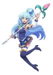  1girl :d absurdres aqua_(konosuba) armpits blue_eyes blue_footwear blue_gemstone blue_hair blue_shirt blue_skirt boots bow bowtie detached_sleeves floating_hair full_body gem green_bow green_bowtie hair_between_eyes hair_ornament highres holding holding_staff kono_subarashii_sekai_ni_shukufuku_wo! layered_skirt long_hair looking_at_viewer miniskirt official_art open_mouth pleated_skirt see-through see-through_skirt shirt skirt sleeveless sleeveless_shirt smile solo staff thigh_boots thighhighs transparent_background very_long_hair white_sleeves white_thighhighs 