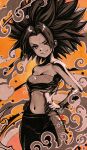  1girl bandeau bare_shoulders breasts caulifla cleavage collarbone cowboy_shot dragon_ball dragon_ball_super grin hair_intakes hands_on_own_hips highres kanchiyo limited_palette long_hair looking_at_viewer midriff navel orange_background pants small_breasts smile solo spiked_hair standing stomach strapless v-shaped_eyebrows 