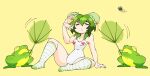  1girl 2others arm_support artist_logo borrowed_character bun_cover closed_eyes commentary covered_navel double_bun english_commentary frog full_body green_hair green_socks hair_bun hand_fan highres holding holding_fan horizontal-striped_socks multiple_others one-piece_swimsuit open_mouth original qtip_xd sitting socks swimsuit two-tone_socks white_one-piece_swimsuit white_socks yellow_background 