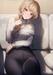  1girl black_pants blonde_hair blush earrings genyaky hand_up head_tilt highres jewelry long_hair long_sleeves looking_at_viewer necklace open_mouth original pants red_eyes signature solo sweater_tucked_in 