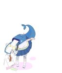  1girl :3 arms_behind_back backpack bag bandaid bandaid_on_knee bandaid_on_leg bent_over blue_bag blue_eyes blue_hair blue_skirt closed_mouth ebi-chan_(gawr_gura) fins fish_tail gawr_gura gawr_gura_(school_uniform) gekkamiko hololive hololive_english loose_socks medium_hair multicolored_hair official_alternate_costume paper pleated_skirt school_uniform shark_girl shark_tail skirt socks solid_oval_eyes solo star_bracelet stitched_tail streaked_hair tail two-tone_hair vest white_background white_footwear white_hair white_socks white_undershirt yellow_vest 