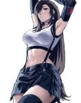  1girl armpits arms_up black_hair black_skirt black_thighhighs breasts commentary cowboy_shot crop_top earrings elbow_gloves english_commentary final_fantasy final_fantasy_vii final_fantasy_vii_rebirth final_fantasy_vii_remake glint gloves highres jewelry kivavis large_breasts long_hair looking_at_viewer low-tied_long_hair midriff navel one_eye_closed parted_lips red_eyes simple_background single_earring single_sidelock skirt solo stretching suspender_skirt suspenders swept_bangs tank_top teardrop_earrings thighhighs tifa_lockhart very_long_hair white_background zettai_ryouiki 