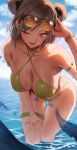  1girl ;d absurdres arm_strap bikini blush bracelet breasts brown_hair cleavage collarbone commentary commission day double_bun english_commentary girls&#039;_frontline green_bikini hair_bun hair_ornament highres jewelry leaning_forward looking_at_viewer ocean one_eye_closed open_mouth outdoors p90_(girls&#039;_frontline) partially_submerged pixiv_commission red_eyes rororo smile solo sunglasses swimsuit thigh_strap thighs water wet 