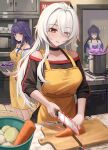  3girls acheron_(honkai:_star_rail) alternate_costume apron bare_shoulders black_choker black_shirt bowl bra_strap carrot choker commentary cutting_board holding holding_bowl holding_knife honkai:_star_rail honkai_(series) honkai_impact_3rd indoors knife long_hair mookyuu9 multiple_girls off-shoulder_shirt off_shoulder official_alternate_color official_alternate_costume parted_lips purple_eyes purple_hair raiden_mei raiden_shogun red_eyes shirt short_sleeves very_long_hair white_hair white_shirt yellow_apron 