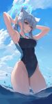  1girl absurdres animal_ear_fluff animal_ears armpits black_one-piece_swimsuit blue_archive blue_eyes blue_halo blue_one-piece_swimsuit blue_sky breasts collarbone competition_swimsuit covered_navel cross cross_hair_ornament dot_nose extra_ears eyelashes hair_between_eyes hair_ornament halo highleg highleg_swimsuit highres inverted_cross looking_at_viewer medium_breasts mismatched_pupils mouth_hold one-piece_swimsuit rianya07 ribbon ribbon_in_mouth shiroko_(blue_archive) shiroko_(swimsuit)_(blue_archive) sidelocks sky solo standing swimsuit thighs two-tone_swimsuit water wolf_ears 