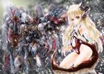  1girl absurdres bare_shoulders blonde_hair breasts clothing_cutout commentary dragon_girl dragon_horns dragon_tail eiji_(tfkn2723) english_commentary godgear_ragdrahod highleg highleg_leotard highres horns leotard long_hair looking_at_viewer mecha mechanical_horns red_eyes robot second-party_source small_breasts smile solo stomach_cutout tail 