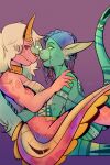  anthro azik blonde_hair breasts claws collar duo embrace face_to_face female green_body hair heart_symbol hi_res horn hug kneeling multicolored_body nude red_eyes reptile scalie simple_background sitting smile tail tattoo tongue 