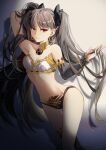  1girl absurdres arm_up arm_warmers armlet asymmetrical_legwear asymmetrical_sleeves bare_shoulders black_hair breasts detached_sleeves earrings elbow_gloves fate/grand_order fate_(series) gloves hair_ribbon hand_in_own_hair highres hoop_earrings ishtar_(fate) jewelry long_hair looking_at_viewer medium_breasts navel neck_ring parted_bangs red_eyes ribbon shengyuan_03 single_arm_warmer single_detached_sleeve single_elbow_glove single_thighhigh solo thighhighs tiara two_side_up uneven_legwear uneven_sleeves 