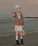  1girl bandaid bandaid_on_hand beach blood boots cardigan closed_eyes earrings flat_chest full_body grey_hair happy highres horizon io_(onisarashi) jewelry kneehighs muted_color ocean original sand scratches skirt sky smile socks solo v 