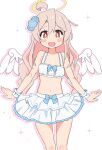  1girl :d ahoge angel angel_wings bare_arms bare_legs bare_shoulders blue_bow blush_stickers bow braid breasts brown_eyes commentary crop_top flower hair_between_eyes hair_flower hair_ornament highres long_hair midriff navel noyama_takenoko official_alternate_costume onii-chan_wa_oshimai! open_mouth oyama_mahiro pink_hair simple_background skirt small_breasts smile solo sparkle_background twin_braids very_long_hair white_background white_skirt wings wrist_cuffs 