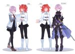  ankle_boots armor armored_boots armored_dress black_armor black_legwear black_skirt boots chaldea_uniform en_(enxxx) fate/grand_order fate_(series) fujimaru_ritsuka_(female) gauntlets hair_over_one_eye height_chart height_difference holding_hands interlocked_fingers knee_boots mash_kyrielight multiple_girls pantyhose purple_eyes purple_hair red_eyes red_hair short_hair side_ponytail skirt smile sword weapon white_footwear 