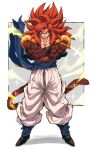  1boy absurdres biceps black_wristband blue_eyes blue_sash body_fur dragon_ball dragon_ball_gt gogeta highres looking_at_viewer male_focus metamoran_vest monkey_boy monkey_tail muscular muscular_male no_nipples pants pectorals red_hair relio_db318 sash simple_background smile solo spiked_hair super_saiyan super_saiyan_4 tail veins veiny_hands white_pants 