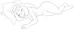  5_fingers 5_toes anthro bhloopy breasts canine dofus female freckles hair long_hair looking_at_viewer lou lying mammal monochrome navel nude on_side one_eye_closed ouginak pillow pose solo tired toes under_boob wakfu 