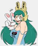  1girl :d animal_ears aqua_hair bare_shoulders boku_no_hero_academia breasts cat_ears cat_paws cleavage headphones highres large_breasts mehlewds open_mouth paws shiretoko_tomoko smile solo strap_slip tank_top upper_body v whisker_markings yellow_eyes 