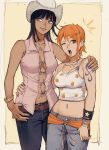  2girls arm_tattoo belt black_hair blue_eyes blush cowboy_hat dark_skin denim giganticbuddha hat highres jeans multiple_girls nami_(one_piece) navel nico_robin one_eye_closed one_piece orange_hair pants short_hair smile tattoo 