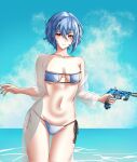  ahomushi994 artist_request beach bikini blue_bikini blue_hair girls&#039;_frontline gun highres ppq_(girls&#039;_frontline) see-through see-through_shirt self-upload sniper_ghost_warrior swimsuit weapon yellow_eyes 