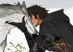  animal beard_stubble black_bridal_gauntlets black_cape black_gloves black_hair black_hood bridal_gauntlets cape clive_rosfield closed_eyes ear_piercing facial_hair final_fantasy final_fantasy_xvi gauntlets gloves grey_fur piercing plant smile solo stubble teeth torgal_(ff16) wolf wrandonbu 