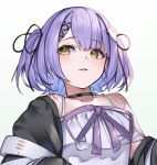  1girl bare_shoulders black_choker black_jacket black_ribbon blush choker collarbone hair_ornament hair_ribbon highres jacket looking_to_the_side off_shoulder open_clothes open_jacket parted_lips purple_hair purple_ribbon ribbon ringozeri shinomiya_runa shirt short_hair sidelocks sideways_glance simple_background sleeveless sleeveless_shirt solo two_side_up upper_body virtual_youtuber vspo! white_background white_shirt x_hair_ornament yellow_eyes 