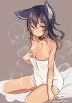  animal_ears blush brown_eyes collar commentary_request ear_piercing erune eyebrows_visible_through_hair granblue_fantasy ilsa_(granblue_fantasy) kanro_ame_(ameko) long_hair naked_towel piercing purple_hair sitting steam tan tanline towel wet 