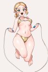  1girl :d bikini blonde_hair braid breasts commentary_request crown_braid exercising gold_bikini green_eyes hair_ornament hairclip halterneck highres holding_jump_rope jump_rope looking_at_viewer medium_breasts navel parted_bangs pointy_ears princess_zelda short_hair smile sweat swimsuit the_legend_of_zelda the_legend_of_zelda:_tears_of_the_kingdom wasabi_(legemd) white_background 