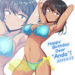  1girl andou_(girls_und_panzer) armpits arms_behind_head bikini bikini_skirt black_hair blue_bikini blush breasts cleavage closed_mouth dated girls_und_panzer green_eyes happy_birthday highres kumaisao large_breasts medium_hair navel presenting_armpit simple_background smile solo swimsuit white_background 