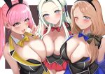  3girls absurdres alternate_breast_size animal_ears asymmetrical_docking black_hairband blonde_hair blue_bow blue_bowtie blue_eyes bow bowtie breast_press breasts bunny_garden cleavage closed_mouth commentary_request cosplay edelgard_von_hresvelg fake_animal_ears fire_emblem fire_emblem:_three_houses hair_bow hairband highres hilda_valentine_goneril kana_(bunny_garden) kana_(bunny_garden)_(cosplay) large_breasts long_hair looking_at_viewer low-tied_long_hair mercedes_von_martritz miuka_(bunny_garden) miuka_(bunny_garden)_(cosplay) multiple_girls one_eye_closed open_mouth pink_bow pink_bowtie pink_eyes pink_hair playboy_bunny purple_eyes rabbit_ears red_bow red_bowtie rin_(bunny_garden) rin_(bunny_garden)_(cosplay) smile tara_(szzj7733) v white_hair 