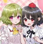  2girls :d :o ama-tou apron ascot balloon black_bow black_hair bow breasts collared_shirt commentary_request dress_shirt food frilled_apron frilled_ascot frills green_hair hand_up hat holding holding_balloon holding_food kazami_yuuka looking_at_viewer lowres medium_breasts mini_hat multiple_girls parted_lips plaid plaid_background pointy_ears purple_eyes red_eyes red_hat red_vest shameimaru_aya shirt smile tokin_hat touhou upper_body vest white_apron white_shirt yellow_ascot 