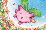  2016 ambiguous_gender dot_eyes dutch_angle fisheye_lens floating flora_fauna flower flower_petals front_view full-length_portrait holding_flower holding_object hoppip leaf mina_nakai nintendo not_furry nude official_art open_mouth petals pink_body plant pok&eacute;mon pok&eacute;mon_(species) pok&eacute;mon_tcg portrait sky solo suspended_in_midair traditional_media_(artwork) video_games waddling_head yellow_eyes 
